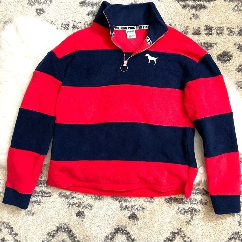 Victoria Secret PINK red and blue stripes fleece half zip sweatshirt XS